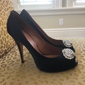 Guiseppe Zanotti black satin peep toe pumps